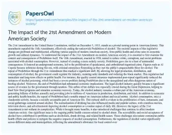 Essay on The Impact of the 21st Amendment on Modern American Society