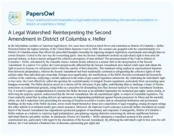 Essay on A Legal Watershed: Reinterpreting the Second Amendment in District of Columbia V. Heller