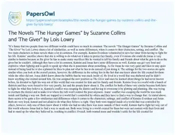 Essay on The Novels “The Hunger Games” by Suzanne Collins and ‘The Giver” by Lois Lowry