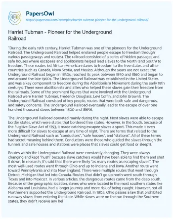 Essay on Harriet Tubman – Pioneer for the Underground Railroad