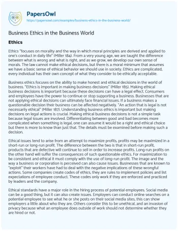 Essay on Business Ethics in the Business World