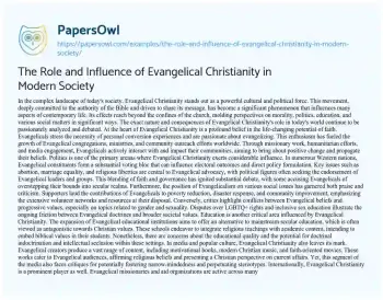 Essay on The Role and Influence of Evangelical Christianity in Modern Society