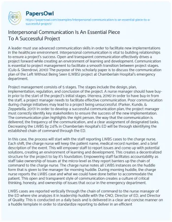 Essay on Interpersonal Communication is an Essential Piece to a Successful Project