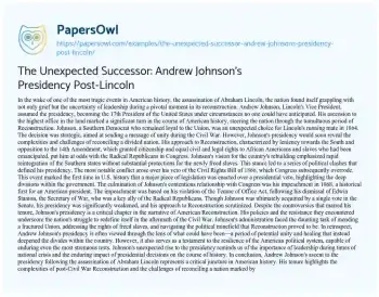 Essay on The Unexpected Successor: Andrew Johnson’s Presidency Post-Lincoln