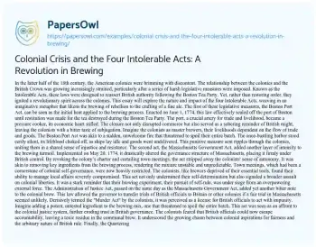 Essay on Colonial Crisis and the Four Intolerable Acts: a Revolution in Brewing