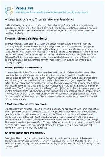 Essay on Andrew Jackson’s and Thomas Jefferson Presidency