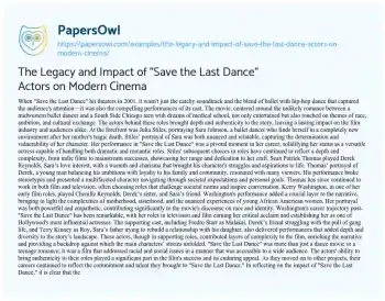 Essay on The Legacy and Impact of “Save the Last Dance” Actors on Modern Cinema