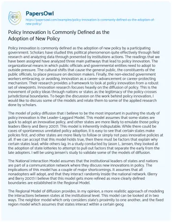 Essay on Policy Innovation: Pathways and Models of Diffusion