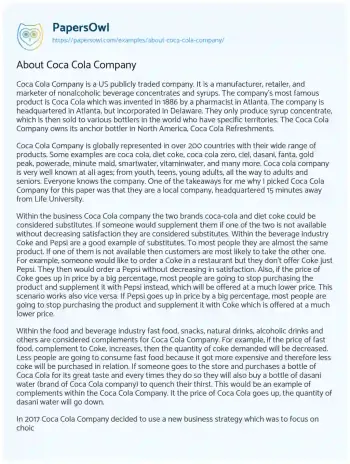 Essay on About Coca Cola Company