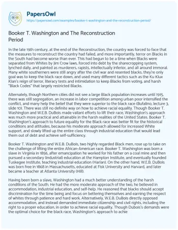 Essay on Booker T. Washington and the Reconstruction Period