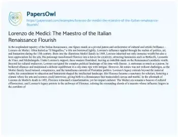 Essay on Lorenzo De Medici: the Maestro of the Italian Renaissance Flourish