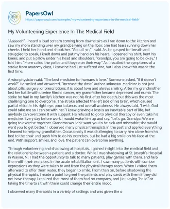 Essay on My Volunteering Experience in the Medical Field