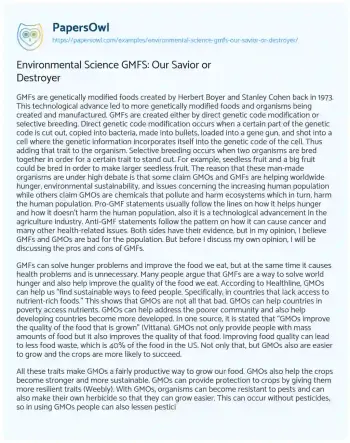 Essay on Environmental Science GMFS: our Savior or Destroyer