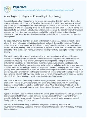 Essay on Advantages of Integrated Counseling in Psychology