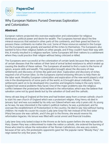 Essay on Why European Nations Pursed Overseas Exploration and Colonization.