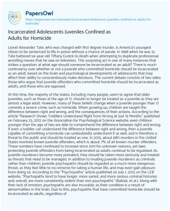 Essay on Incarcerated Adolescents Juveniles Confined as Adults for Homicide