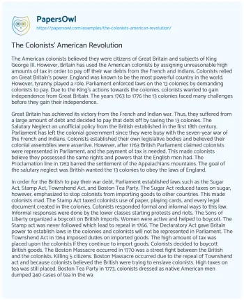 Essay on The Colonists’ American Revolution