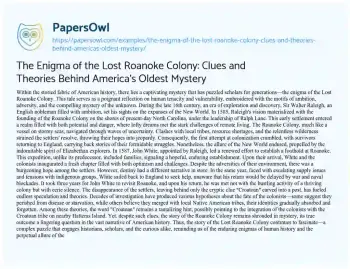 Essay on The Enigma of the Lost Roanoke Colony: Clues and Theories Behind America’s Oldest Mystery