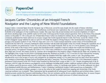 Essay on Jacques Cartier: Chronicles of an Intrepid French Navigator and the Laying of New World Foundations