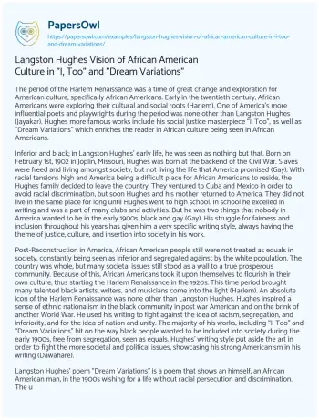 Essay on Langston Hughes Vision of African American Culture in “I, Too” and “Dream Variations”