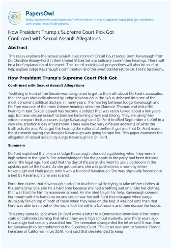 Essay on How President Trump S Supreme Court Pick Got Confirmed with Sexual Assault Allegations