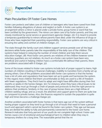 Essay on Main Pecularities of Foster Care Homes