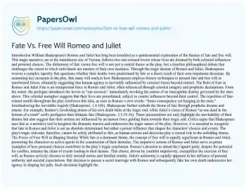 Essay on Fate Vs. Free Will Romeo and Juliet