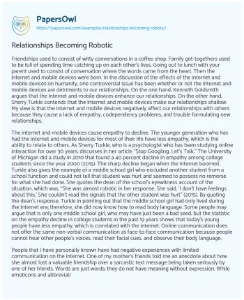 Essay on Relationships Becoming Robotic