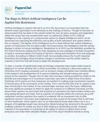 Essay on The Ways in which Artificial Intelligence Can be Applied into Businesses