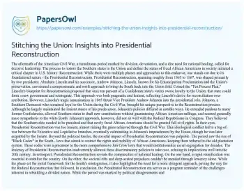 Essay on Stitching the Union: Insights into Presidential Reconstruction