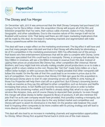 Essay on The Disney and Fox Merger