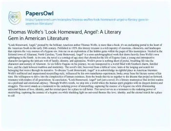 Essay on Thomas Wolfe’s ‘Look Homeward, Angel’: a Literary Gem in American Literature