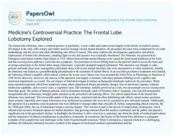 Essay on Medicine’s Controversial Practice: the Frontal Lobe Lobotomy Explored