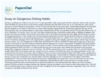 Essay on Essay on Dangerous Driving Habits