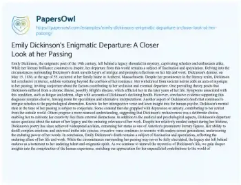 Essay on Emily Dickinson’s Enigmatic Departure: a Closer Look at her Passing