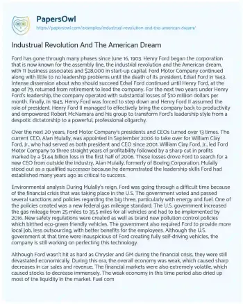 Essay on Industrual Revolution and the American Dream