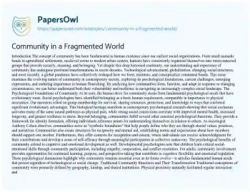 Essay on Community in a Fragmented World