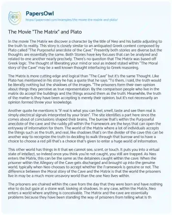 Essay on The Movie “The Matrix” and Plato