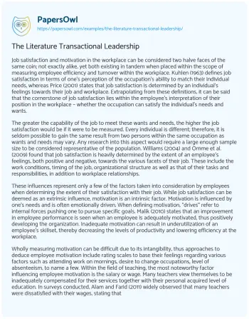 Essay on The Literature Transactional Leadership