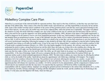 Essay on Midwifery Complex Care Plan