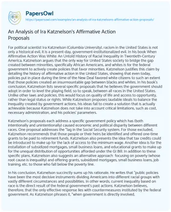 Essay on An Analysis of Ira Katznelson’s Affirmative Action Proposals