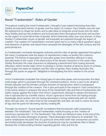 Essay on Novel “Frankenstein” : Roles of Gender