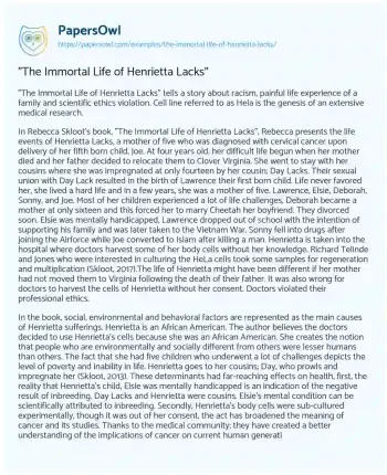 Essay on “The Immortal Life of Henrietta Lacks”