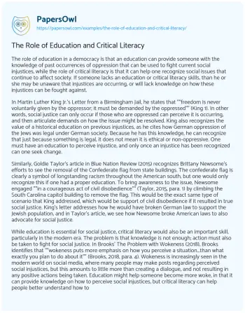 Essay on The Role of Education and Critical Literacy