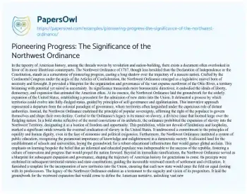 Essay on Pioneering Progress: the Significance of the Northwest Ordinance