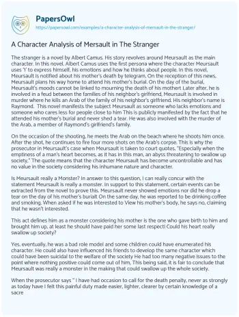 Essay on A Character Analysis of Mersault in the Stranger