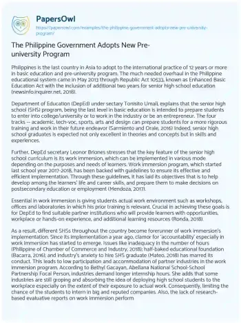 Essay on The Philippine Government Adopts New Pre-university Program