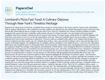 Essay on Lombardi’s Pizza Fast Food: a Culinary Odyssey through New York’s Timeless Heritage