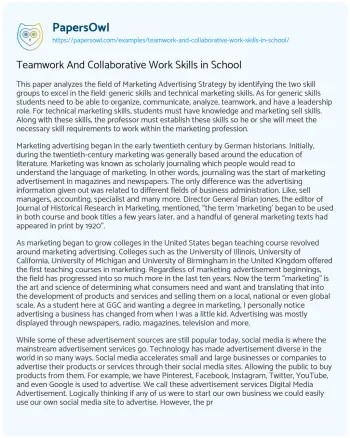 Essay on Teamwork and Collaborative Work Skills in School