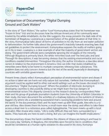 Essay on Comparison of Documentary “Digital Dumping Ground and Dark Waters”